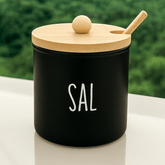 Saleiro de Vidro Preto Doha com Colher e Tampa de Bambu 300ml - Ela Decora